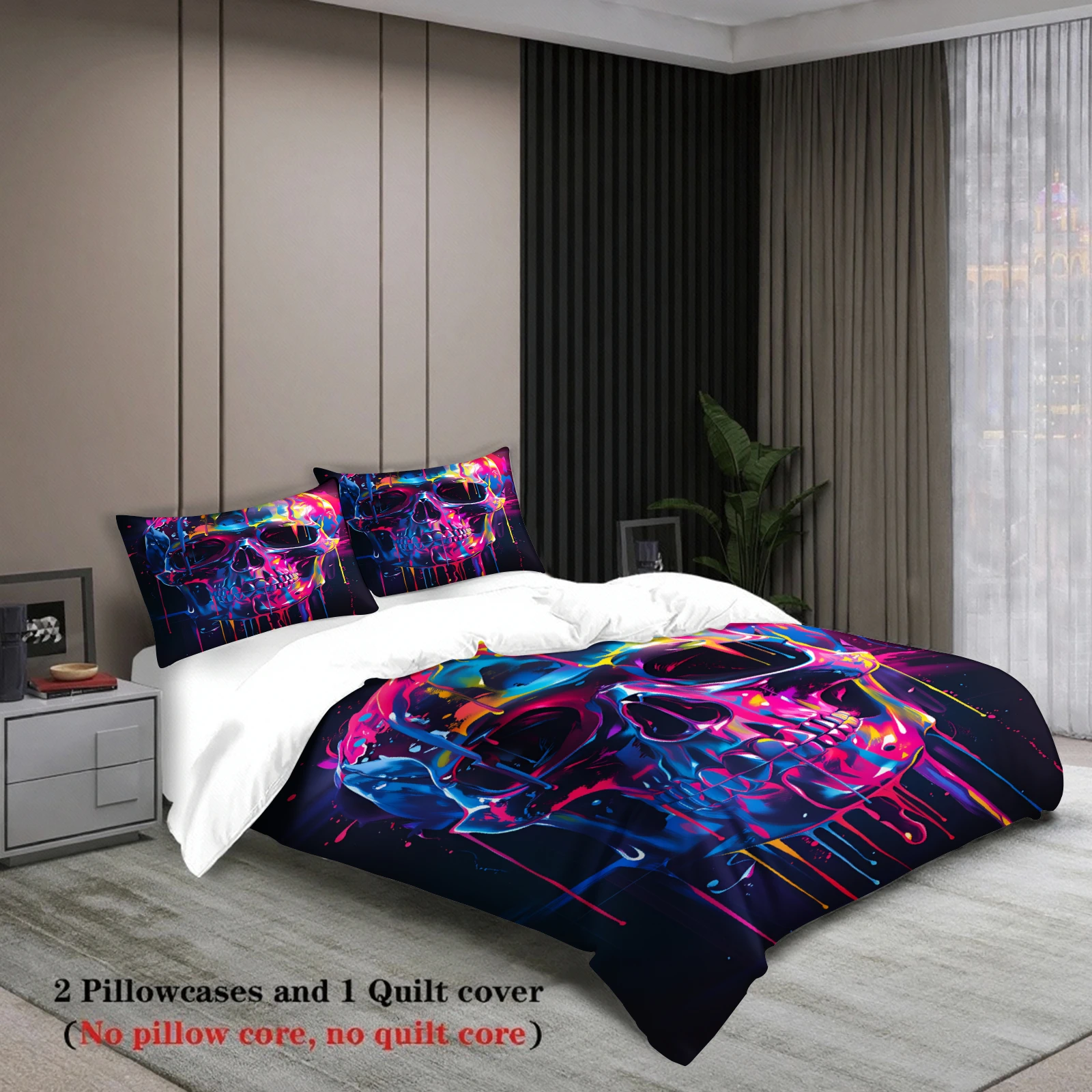 3pcs Skull Bedding Sets 3D Printed Colorful Drip Paint Wrinkle Resistant Durable Duvet Cover Sets With Pillowcases No Filling