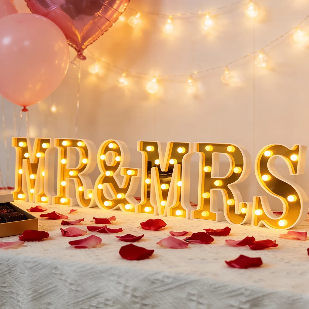 6 Pieces of Luminous Letter Lights Mr&Mrs in Gold, Romantic! Use Mr&Mrs Gold Neon Letter Lights to Shine Brightly, a Golden and Elegant Centerpiece Decoration, Suitable for Wedding Receptions and Valentine's Day Candlelight Dinners.