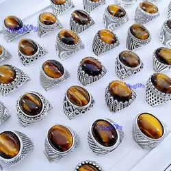 10pcs/Lot Wholesale Colorful Tiger Eye Natural Stone Finger Rings For Bohemia Mix Style Silver Color Hollow Alloy Metal Jewelry