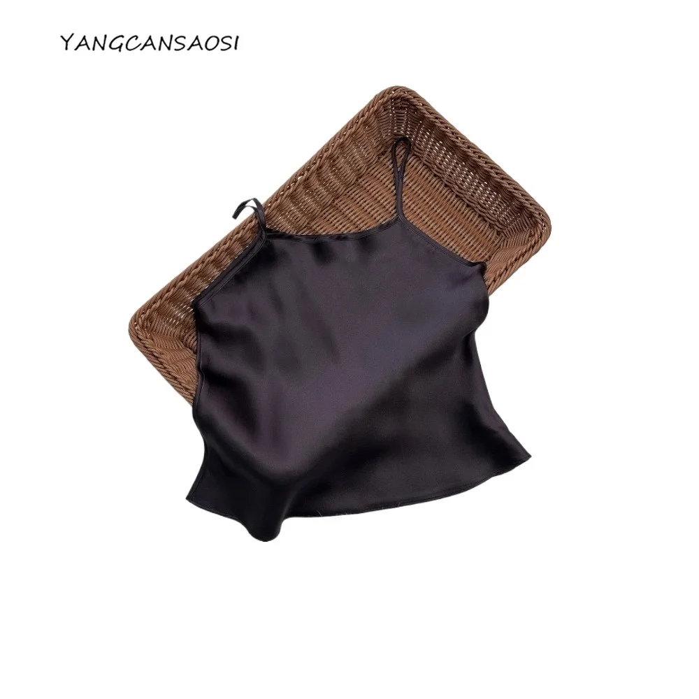 

Women's Skin-friendly Home Wear 20MM 100% Natural Mulberry Silk Plain Satin Suspender Shorts Dark Coffee Casual Pajama Set