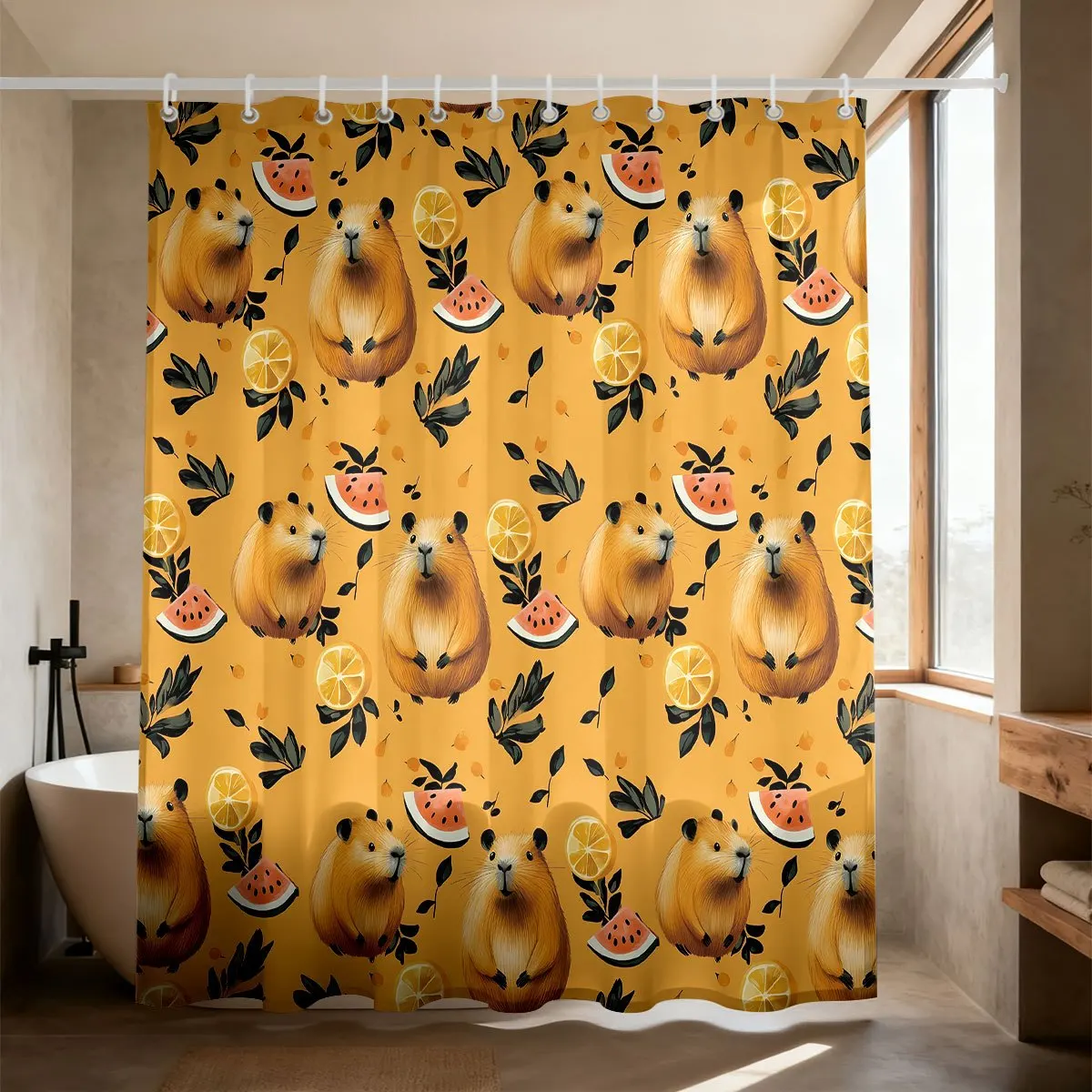 Funny Capybara Fruit Shower Curtain Polyester Digital Printing Repeated Cute Capybaras With Watermelon Slices, Lemon