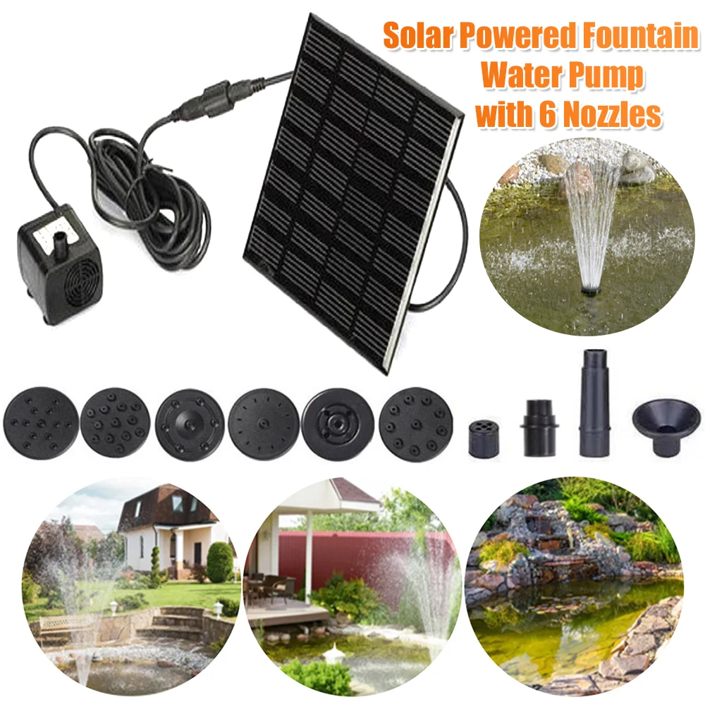1.2W Solar Water Fountain Pump 200L/h with 6 Nozzles Solar Powered Fountain Water Pump Solar Pond Pump for Water Feature Outdoor
