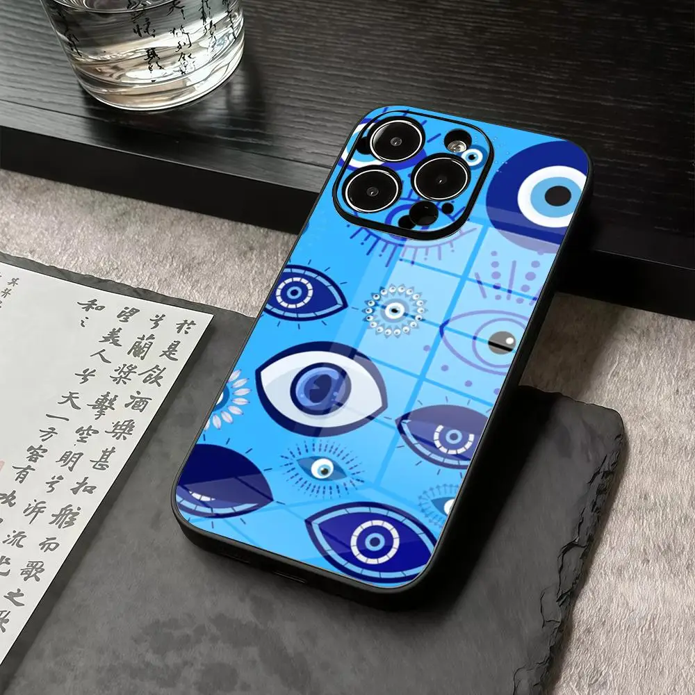 

Phone Case For IPhone 17 16 15 14 13 12 11 Pro Max X XR Precision holes in acrylic glass PC Cover Blue Nazar BoncuGu Evil eye