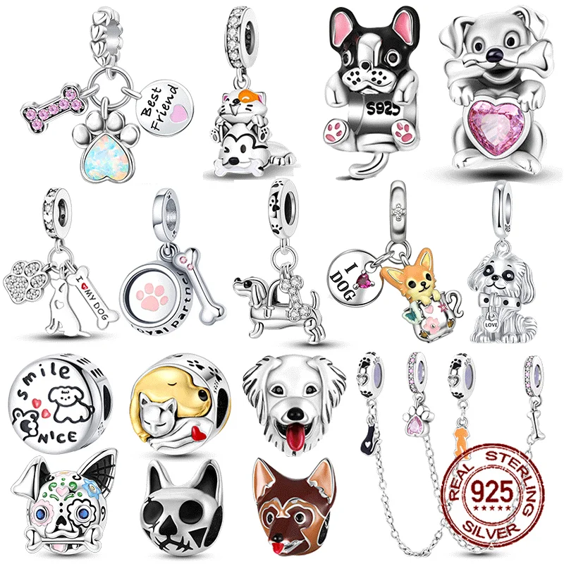 

925 Sterling Silver Pink Cats Dogs Claw Bone Animal Charms Beads Fit 925 Original Bracelets DIY Birthday Jewelry Making