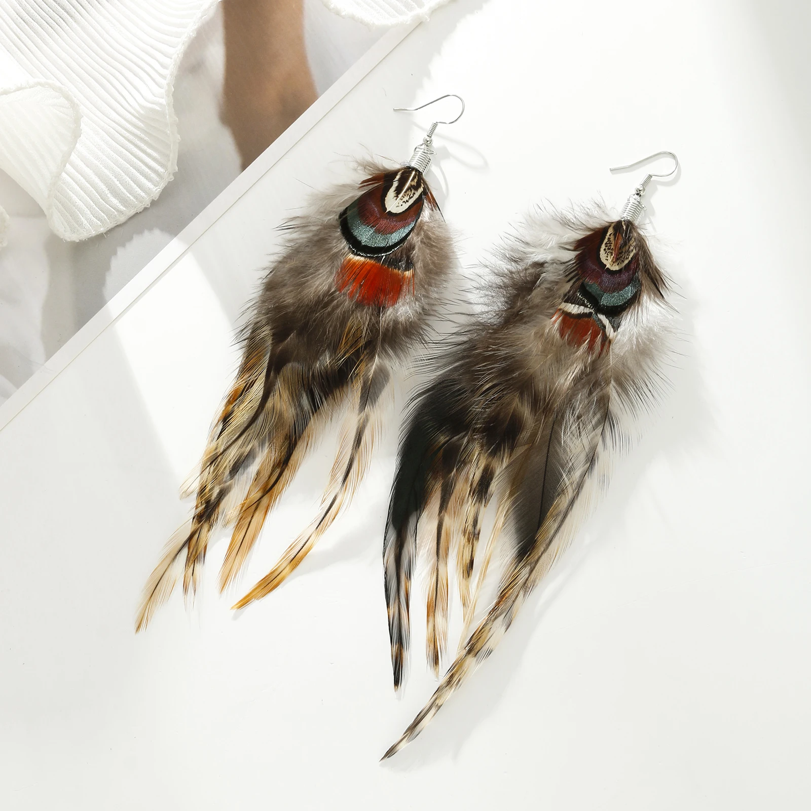 lureme Bohemian Style Multicolor Pheasant Feathers Dangle Earrings for Women Girls Large Feather Drop Earrings(er006405-11)