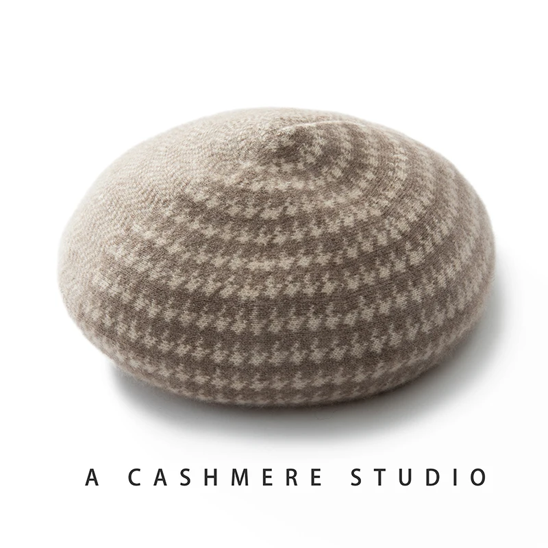 LHZSYY 100% Cashmere Beret Women'S Autumn And Winter Thousand Bird Grid Color Blocked Knitted Hat Fashion Jacquard Painter'S Hat