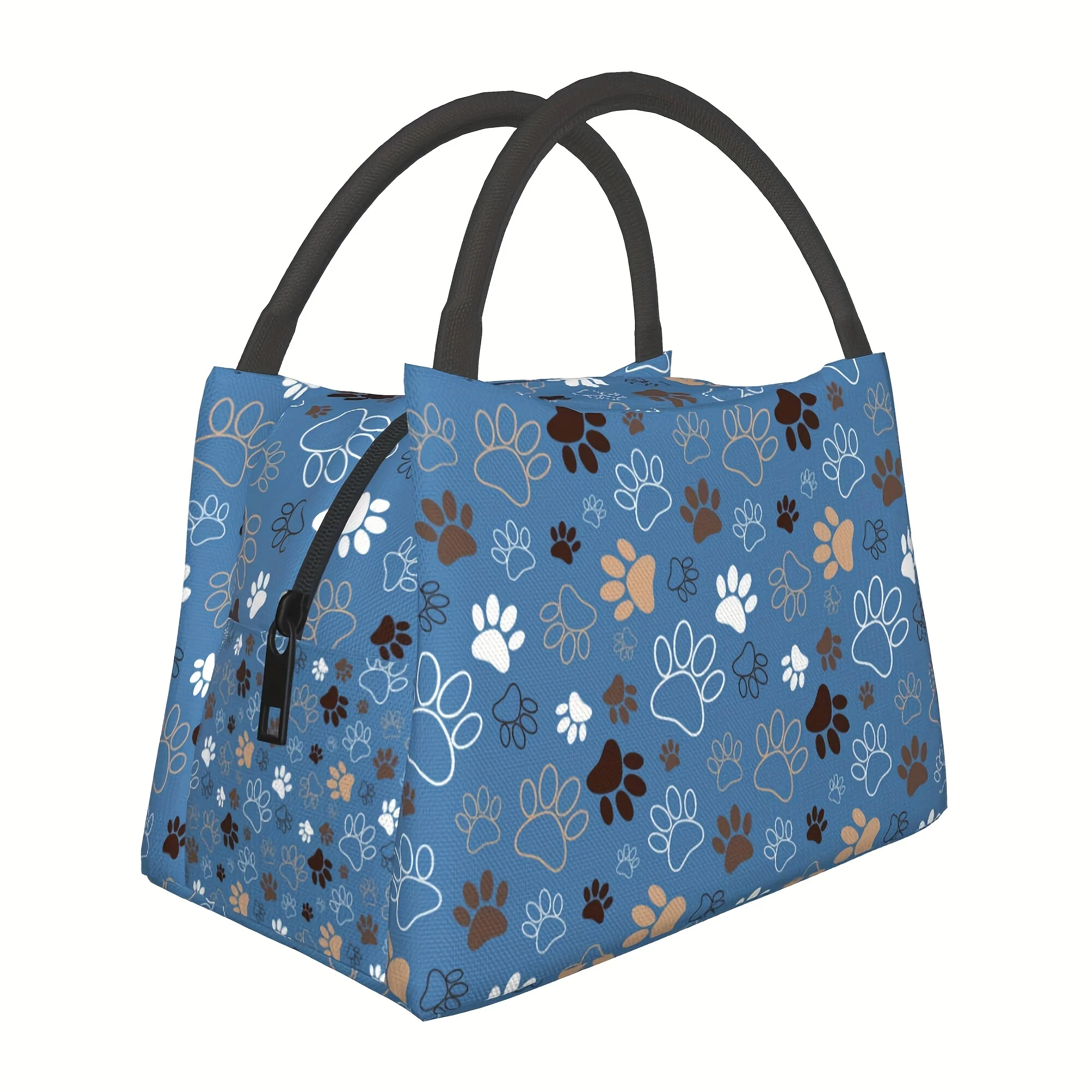 

1pc Cat's Paw Print Insulated Lunch Bag - Reusable Cooler Tote With Sturdy Handles, Blue & Brown Design For Home, Office, Outdoo