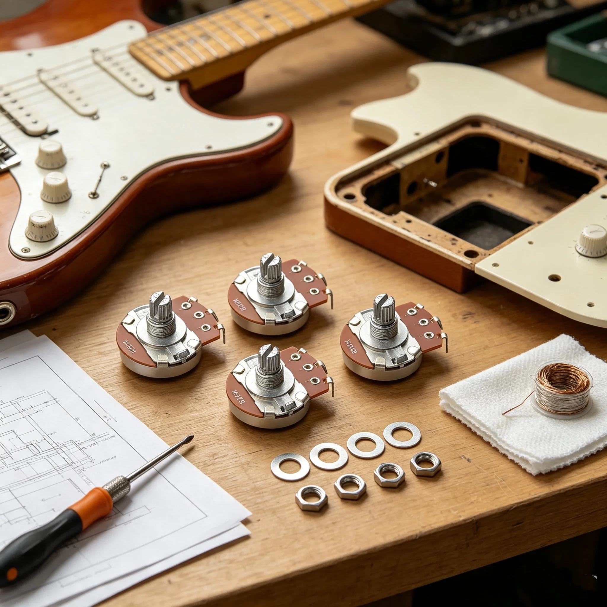 RUKOVA 4-Pack  Full Size Guitar & Bass Potentiometers, Optional A500K/B500K/A250K/B250K, 18-Tooth 6mm Split Shaft