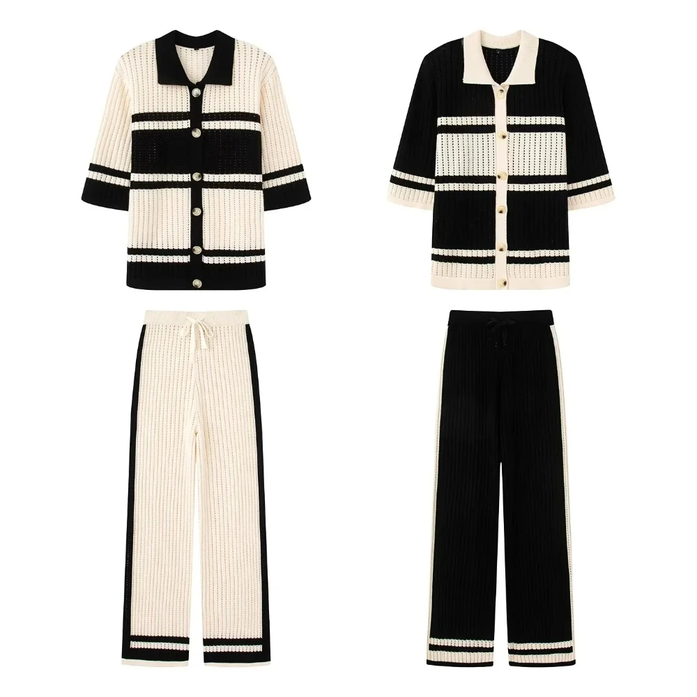 

KONDALA Элегантный повседневный вязаный комплект в стиле пэчворк, рубашки с воротником на пуговицах, длинные брюки на шнурке, весна-осень 202, комплект женских брюк для поездок на работу