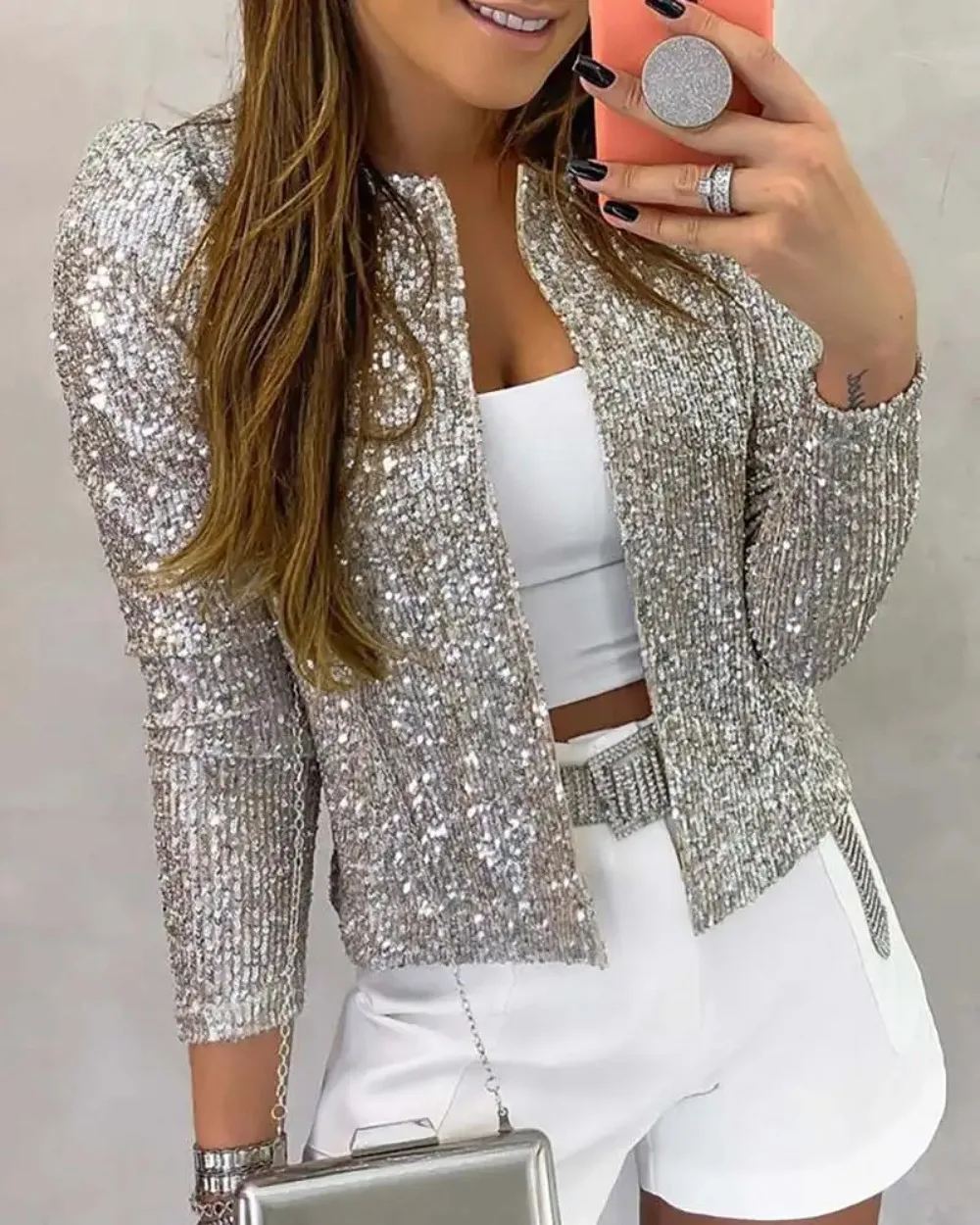 

2024 Long Sleeve Open Front Sequin Coat Women Casual Female Jacket Sequin Pearls Buttons Coat O-Neck Out Wear Ladies
