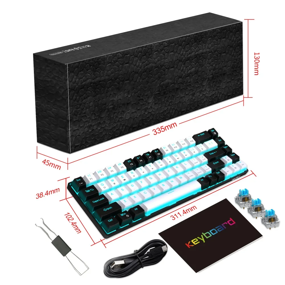 Teclado mecánico para juegos, interruptores intercambiables, diseño ergonómico, ABS, eje azul, cable USB, RGB, 68 teclas, venta al por mayor