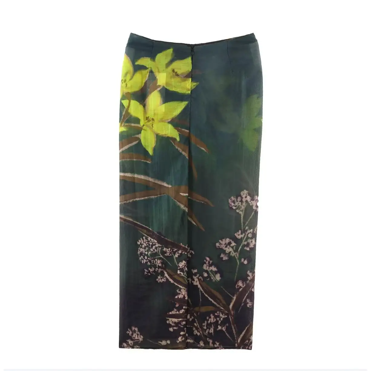 Spring Summer Vintage Deep Green Floral Print Midi Long Skirt Women Front Kink Back Zipper Low Waist Skirts Femme Sakers