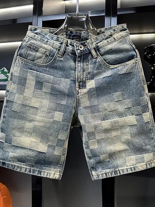 Retro American Plaid Denim Shorts Men Summer Straight Leg Washed out Fashion Casual Color Block Five-Point Mid-Pants