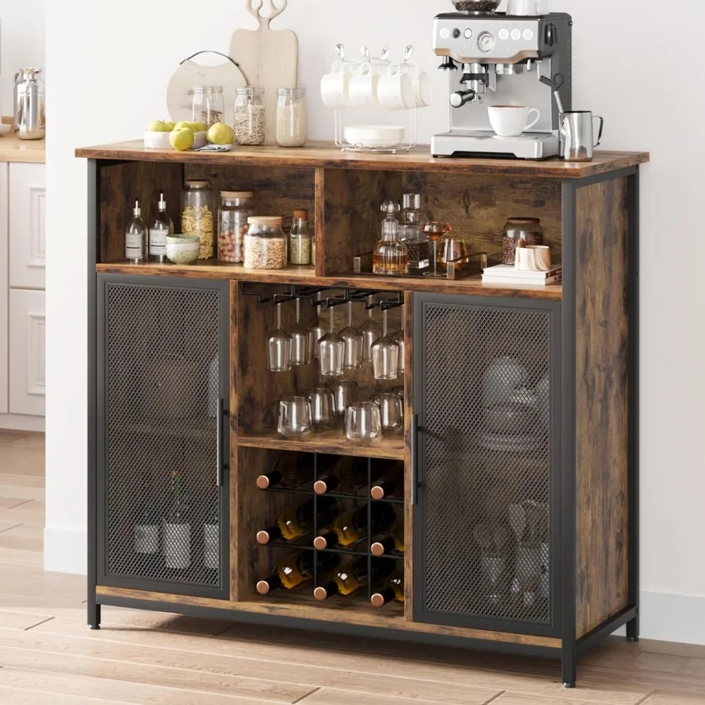 

Wine Cabinets with Wine Rack and Glass Hanger, Freestanding Wines Bar Rack,Retro Brown Storage Shelves, Wine Cabinets