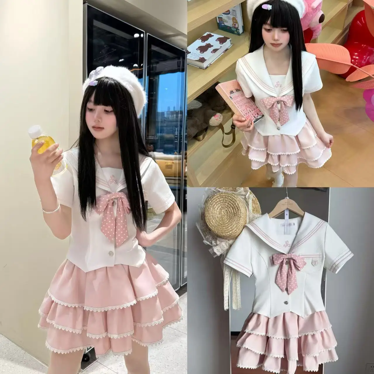 NONSAR Nieuwe 2025 Japanse Zoete Uniform Set Vrouwen Y2k Boog Sailor Kraag Korte Mouw Slanke Top Kawaii Roze Bladerdeeg Initial cake Rok