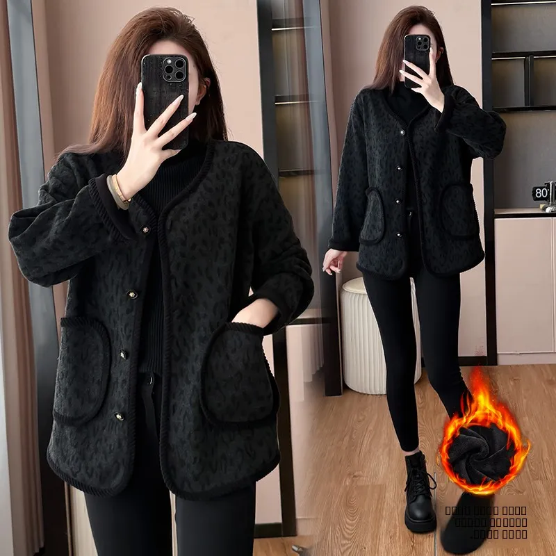 

Ladies Thiened Fce Lined Woolen Cotton Jaet Leopard Print Commute Sle Autumn Winter New Arrival Coat for Women