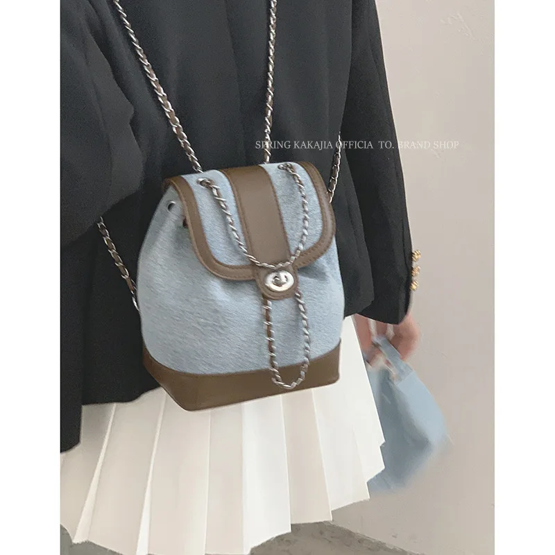 Y2K Style Flap PU Leather Patchwork Denim Backpacks Fashion Chain Drawstring Double Shoulder Bucket Bags Casual Brown Handbags