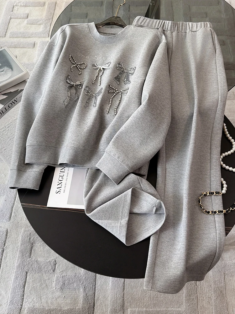 

Grey Fleece Lined Wide Leg Sports Set Women's Casual Two Piece Suit Winter Fashion Anti Aging Comfortable Long Sleeve round Neck