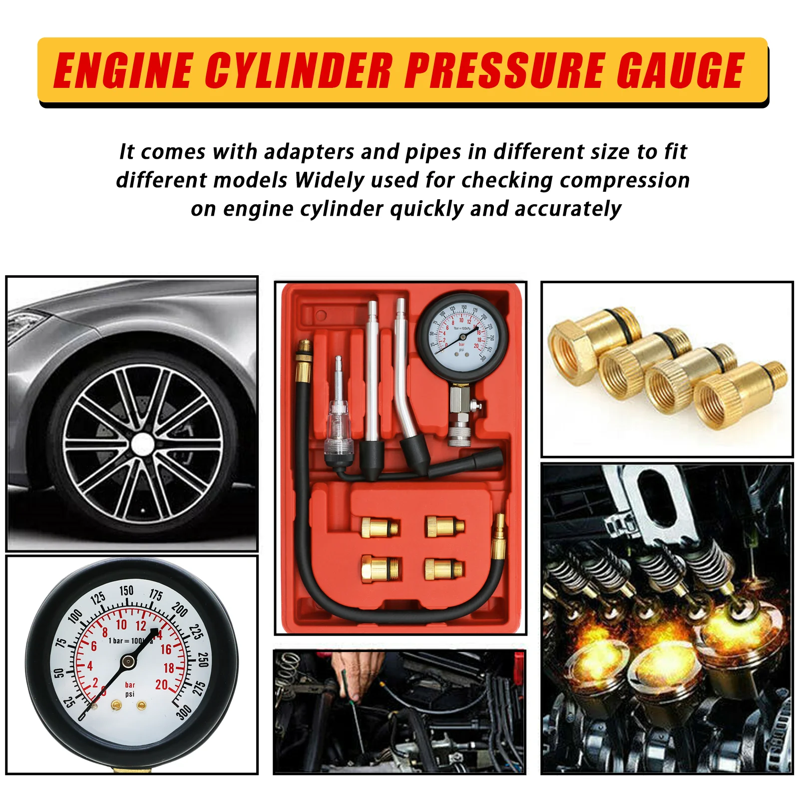 9PCS Petrol Gasoline Engine Compression Tester Auto Cylinder Pressure Gauge Ignition Tester Automotive Test Kit 0-300PSI