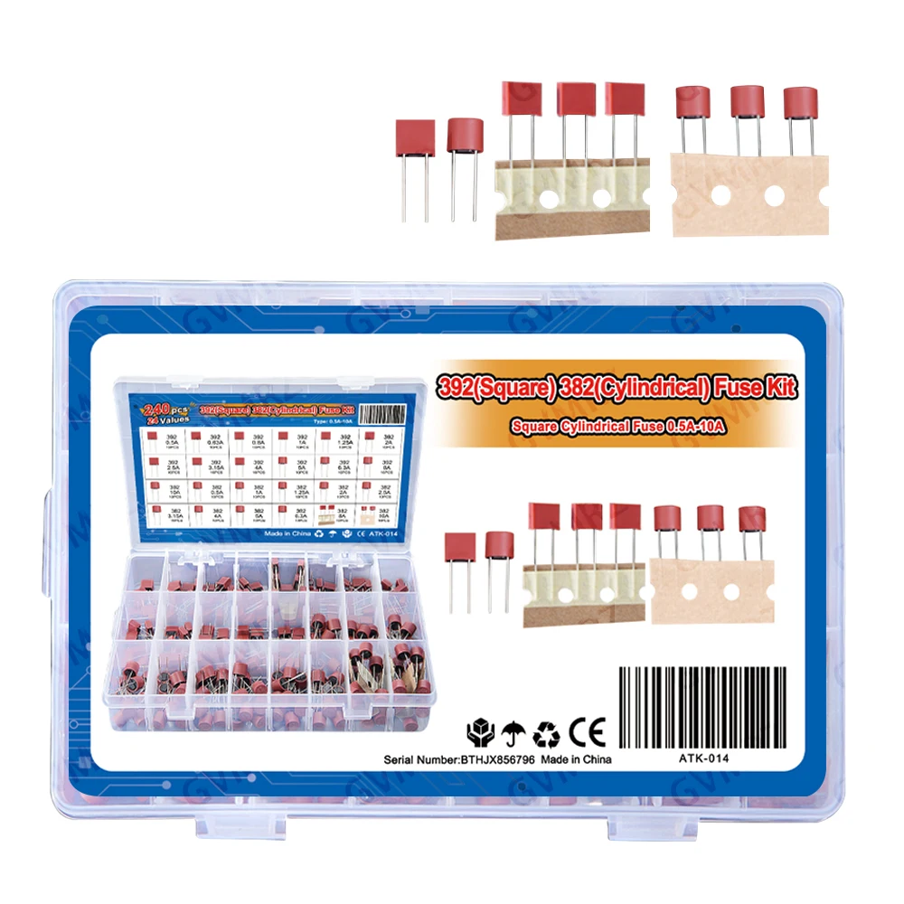 240pcs 3.15A/4A/5A/6.3A/8A/10A 392 Square Fuse 382 Round Fuse DIY Kit 0.5A/0.63A/0.8A/1A/1.25A/2A/2.5A Fuses For LCD TV Power