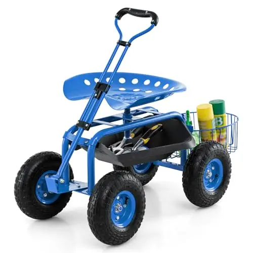 Rolling Garden Cart with Seat, Outdoor Garden Stool with Wheels, Tool Tray & Basket, Adjustable Steering Handle, 360