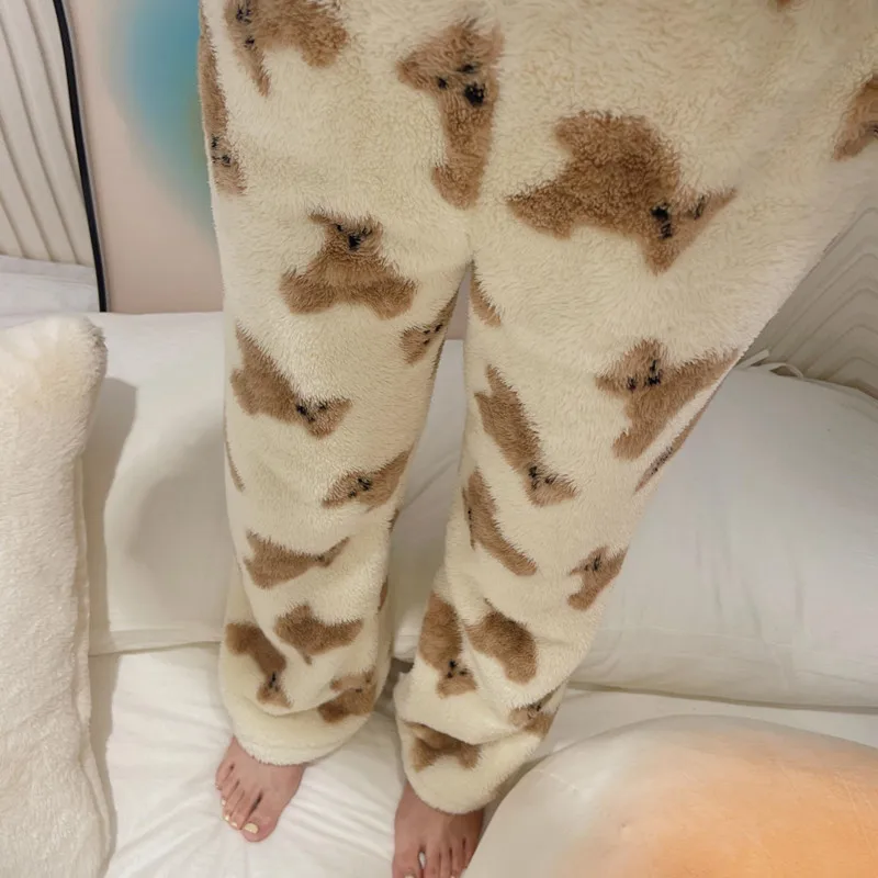 Cute Bear Printed Coral Velvet Pjs Sleeping Pants Y 2k Winter Kawaii Warm Fuzzy Fur Pijama Pants Korean Plush Home Wear Trousers