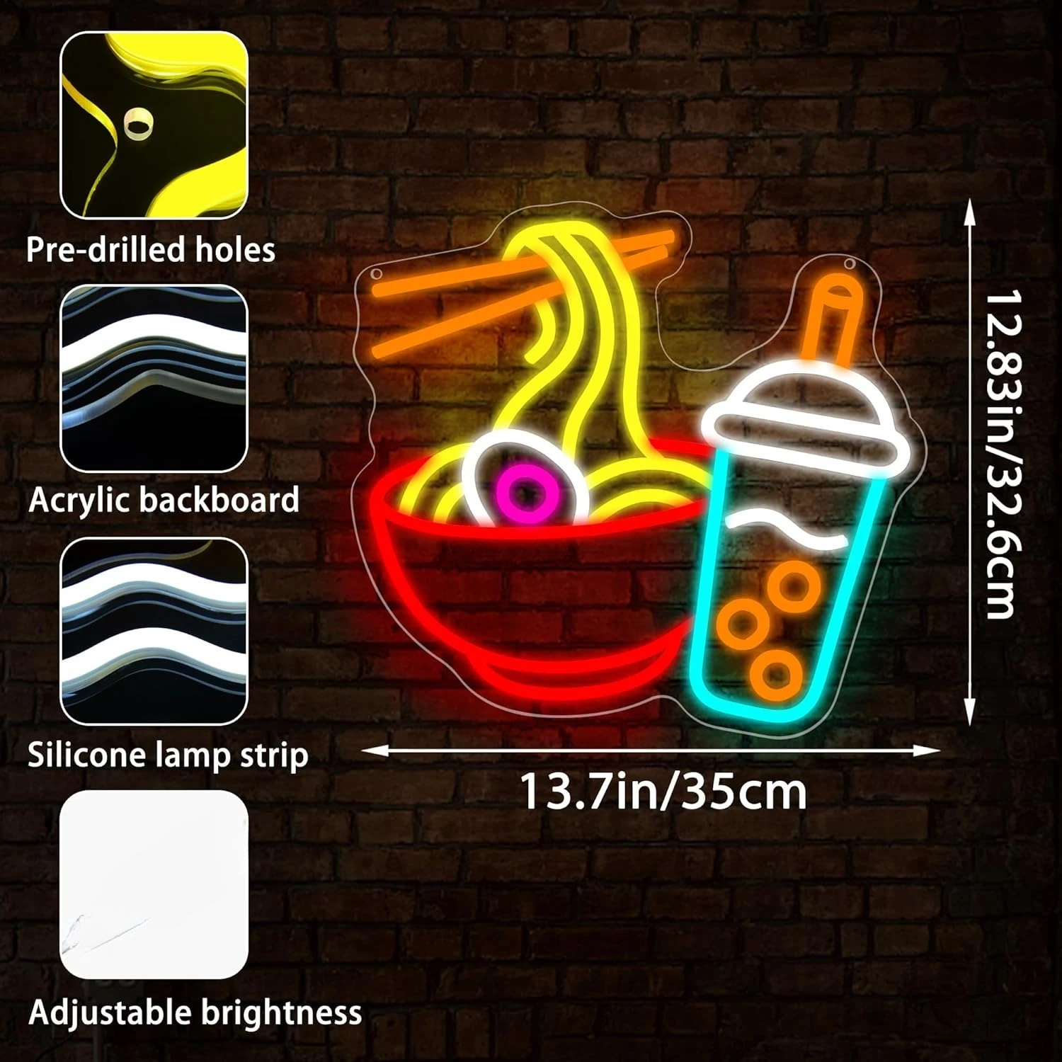 Ramen Neon Sign USB Dimmable Noodles Neon Light for Kitchen Restaurant Bar Juice Shop Japanese  Market LED Wall Art Decor