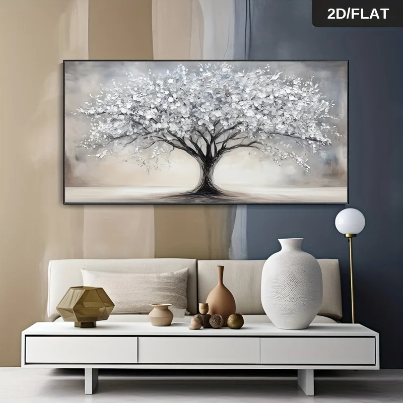Modern Abstract Gray Tree of Life Canvas Mural Is Suitable for Living Room Decoration, Embodying Minimalist Home Art.