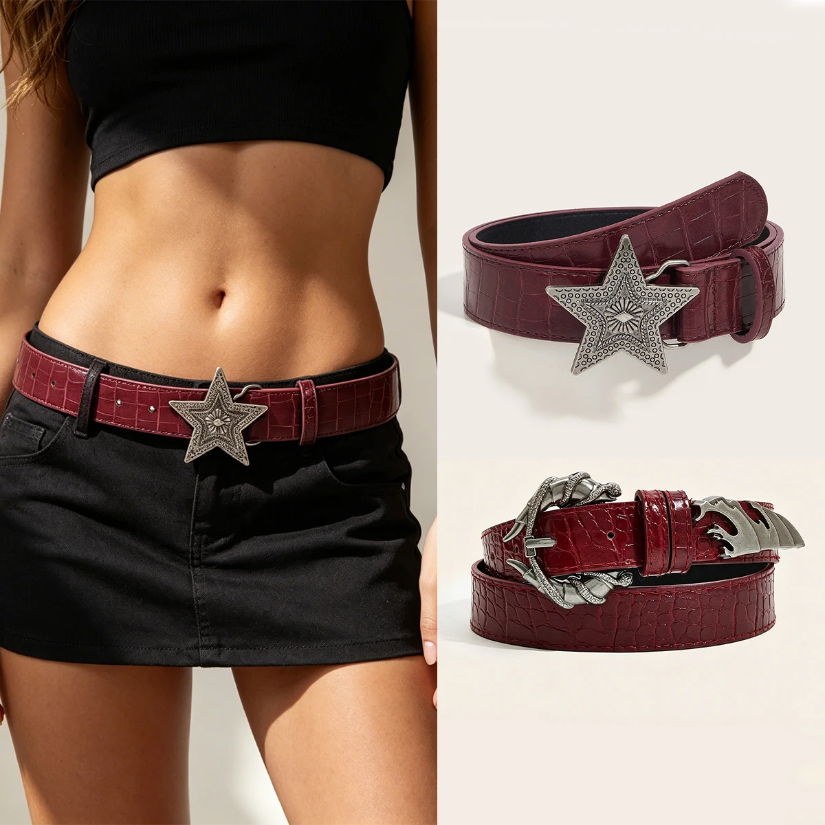 Image of Damen Gürtelhose Jeansmuster Ledergürtel für Cosplay-Accessoires Damen Halloween-Kostüme Schwarzer Weinroter Taillengürtel