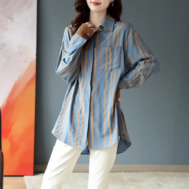 Fashion Lapel Button Spliced Pockets All-match Striped Shirt Women Clothing 2023 Spring New Oversized Casual Tops Korean Blouse