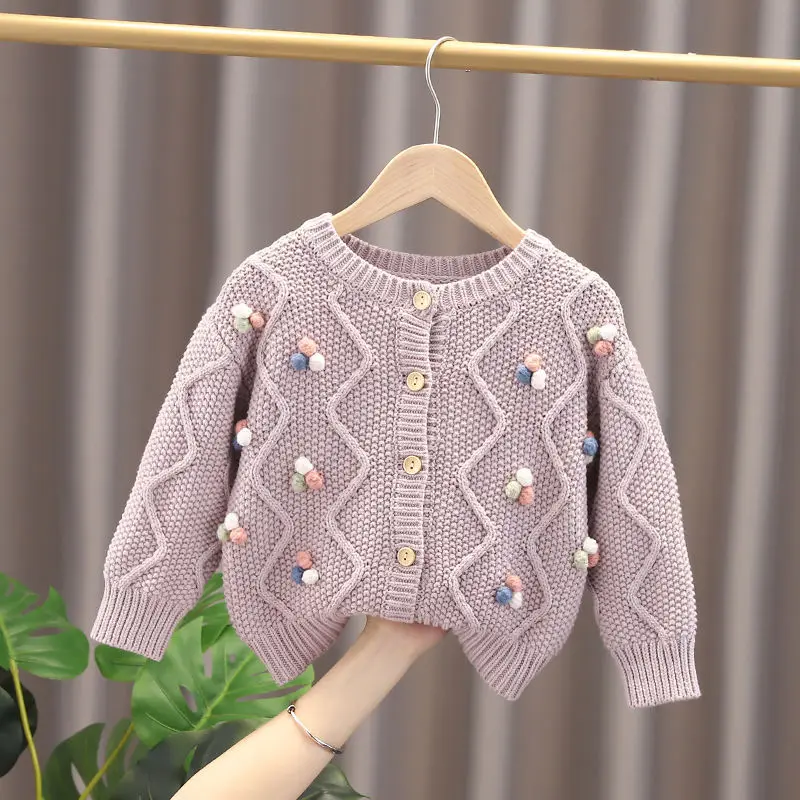 Sweater for Girls New Kids Knit Sweater Candy Color Pom Pom Design Cozy Winter Coat Girls Vintage Thick Warm Outerwear