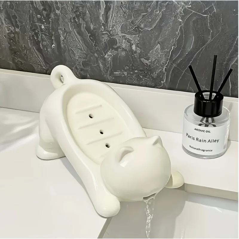 Lovely Cat Style Hollow Drain Soap Holder, Smooth Plastic Soap Container Tray, Multi-Use Bathroom Accessory & Home Ornament