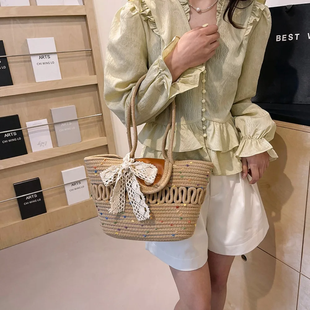 

Simple Sweet Weave Straw Bag Lace Ribbon Hollow Out Woman Beach Tote Bag French Style Summer Shoulder Bag Travel