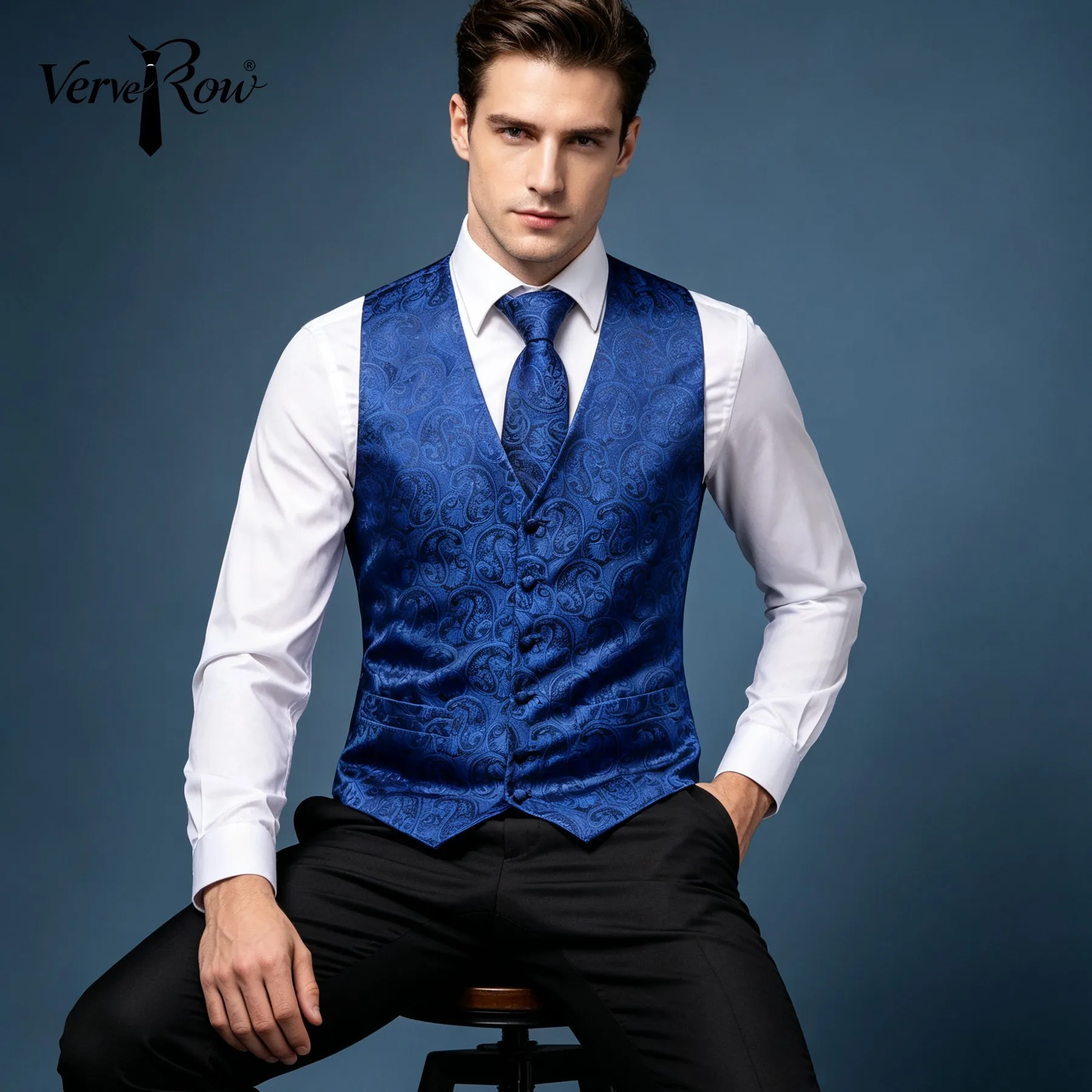 VERVEROW Royal Blue Paisley Printed Waistcoat Tie Pocket Square Set for Wedding Party Elegant Luxury Men Formal Outfit 3PCS