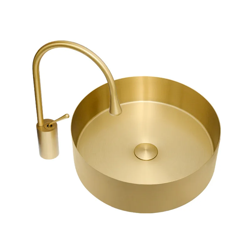 

Настольная раковина из нержавеющей стали для отеля, одиночная золотая раковина в стиле ретро, круглая раковина для ванной комнаты