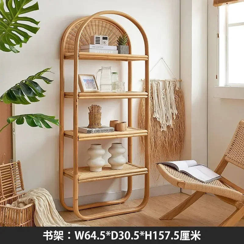 Handmade rattan creative bookshelf, floor to ceiling shelf, multi-layer home storage rack