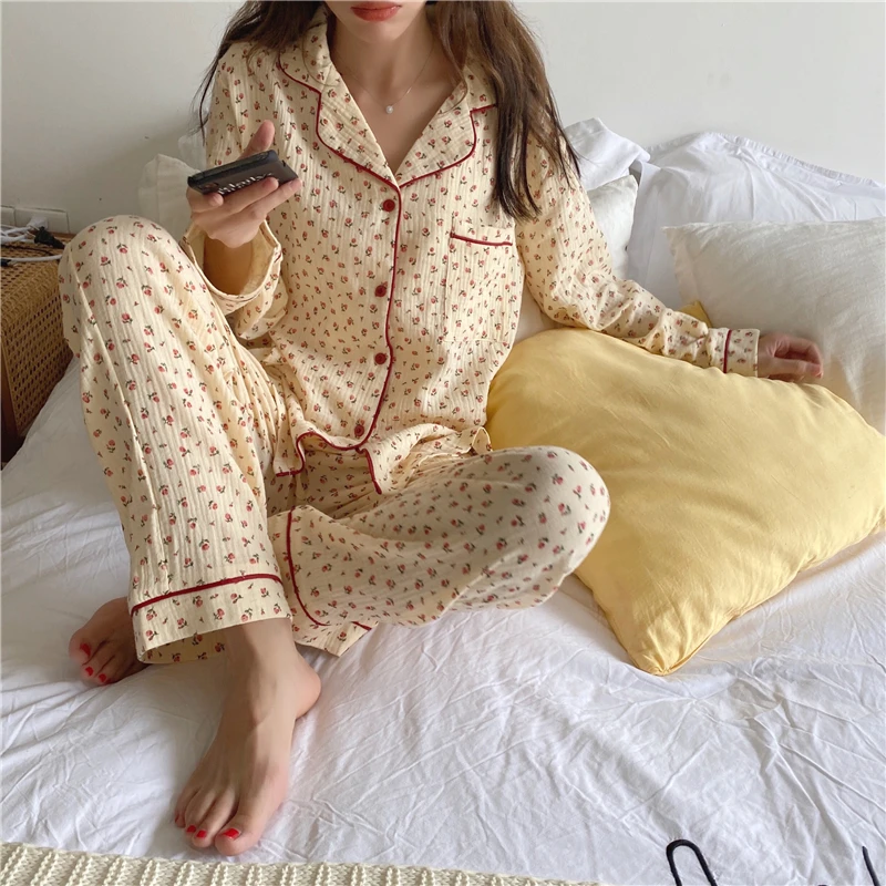 Pajama Sets Women Flowers All-match Simple Lovely Classic Popular Elegant Sleepwear Special Vintage Korean Style Modern Comfort