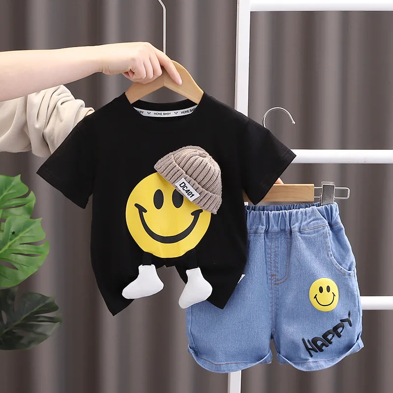 2023 New Children Cartoon Short Sleeve Pullover T-Shirt Denim Shorts 2PCS Set Girls Summer Clothing Kids Fashion Casual Outfits