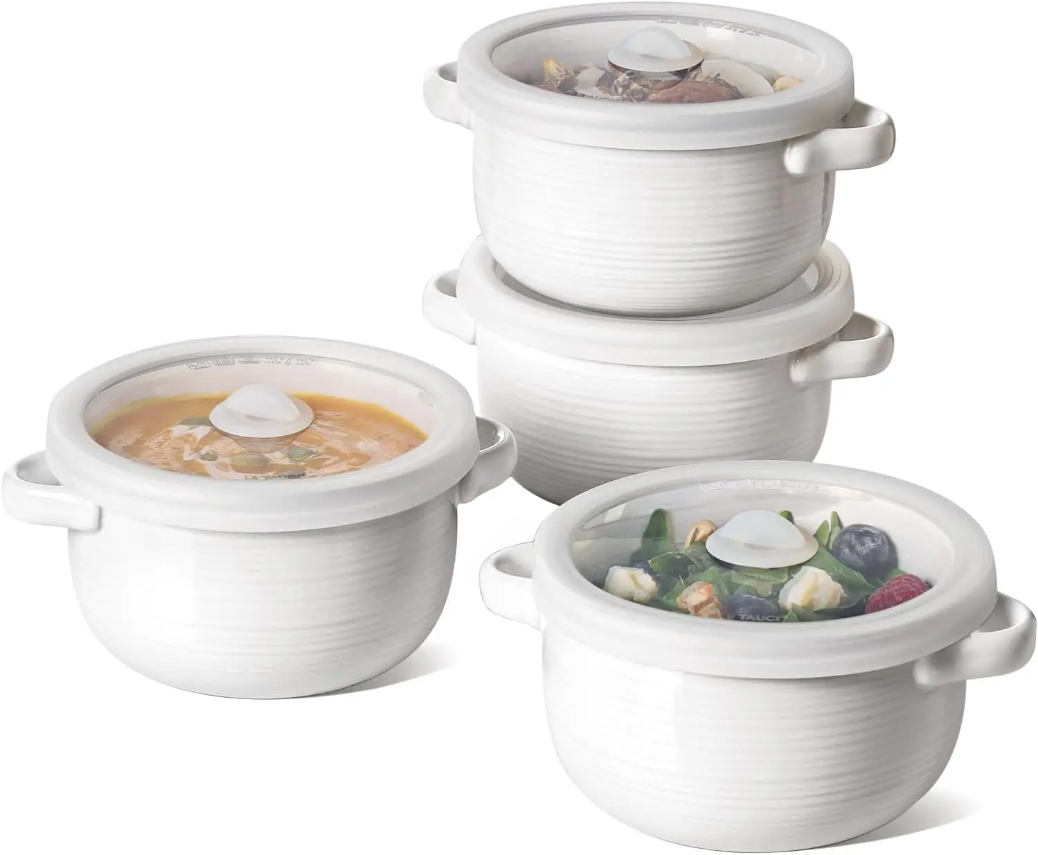 

28 oz Ceramic Soup Bowls with Handles & Lids, Oven & Microwave Safe, Lead Free, Set of 4 White