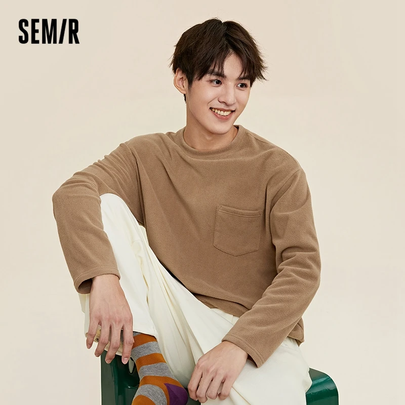 Semir Long-Sleeved T-Shirt Men Simple Solid Color Spring Polar Fleece Plus Velvet Round Neck Long-Sleeved Shirt