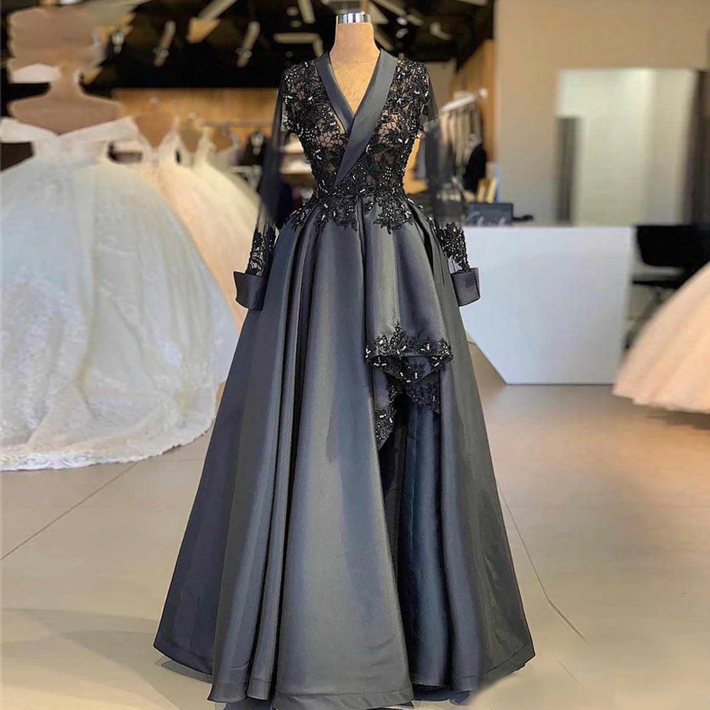 

V Neck Lace Evening Dress Vintage Sheer Long Sleeve Satin Formal Evening Dress Arabic Plus Size Party Pageant celebrity Dress
