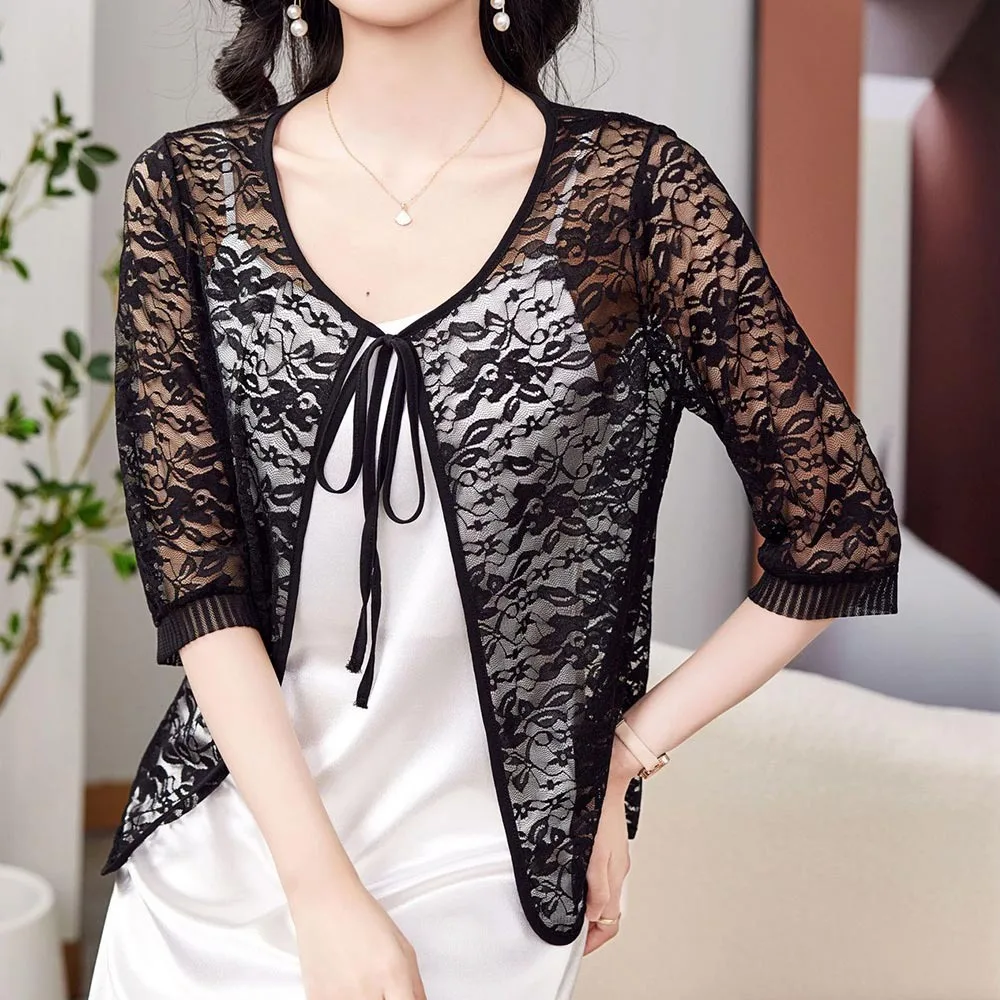 Lightweight Tie Up Summer Women's Cardigan Floral Lace Beach Air-Conditioning Shirt Breathable Sun Protection Clothing for Women