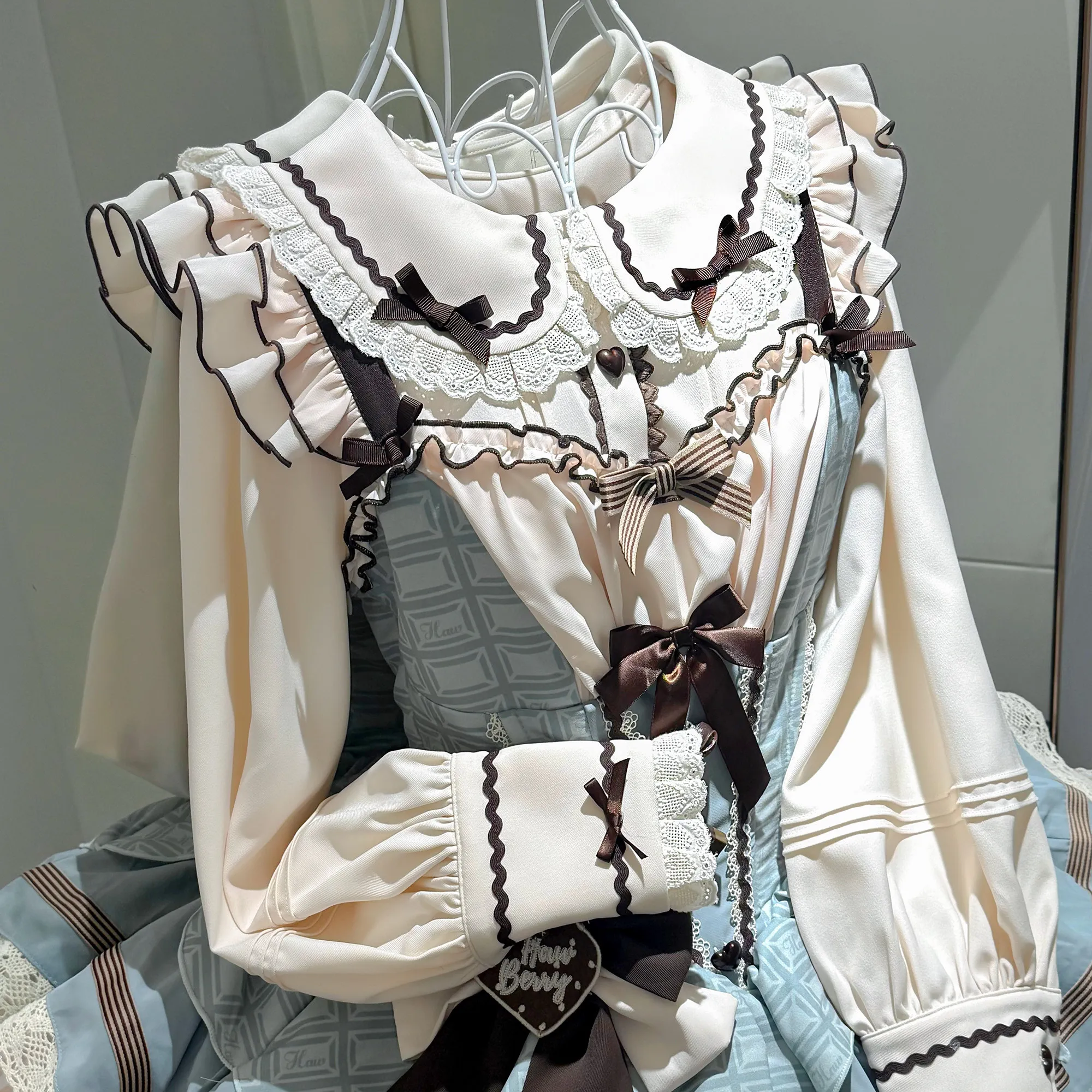 NONSAR Japanese Style Cute Lolita Long Sleeved Doll Collar Shirt Women Spring Autumn Sweet Bow Lace Kawaii Blouse