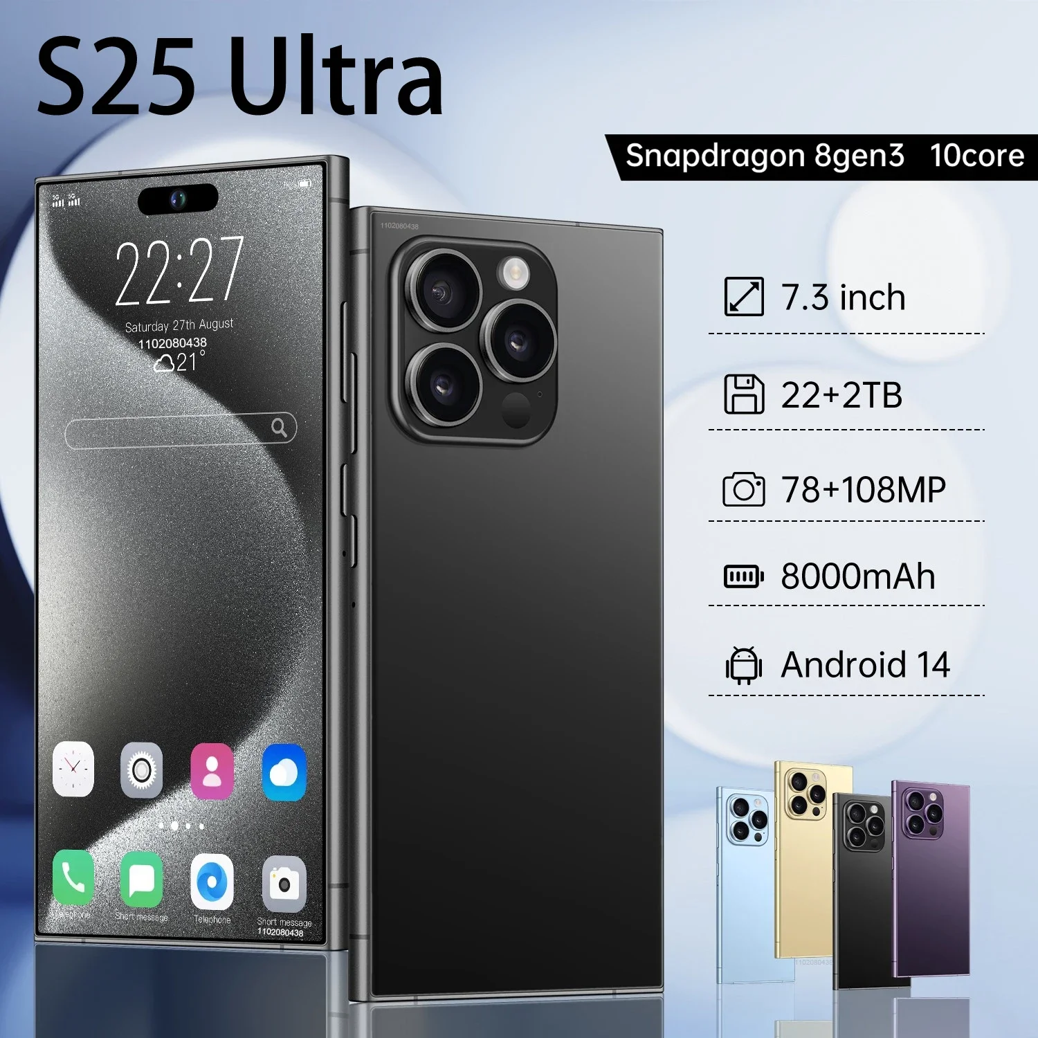 

New smartphone 5G 7.3-inch high-definition Android 14 Snapdragon 8gen3 10core dual SIM phone 8000mAh unlocking smartphone
