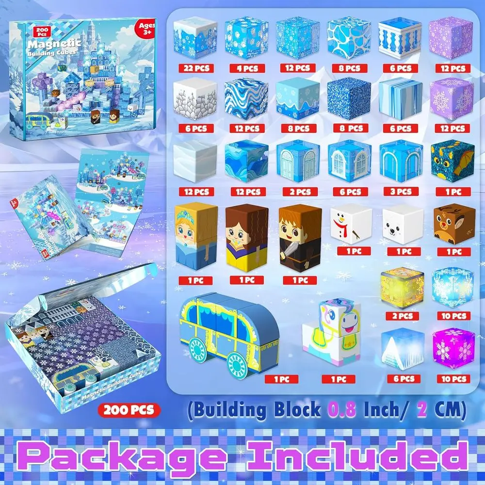 Bloques de construcción magnéticos de 200 piezas con imanes transparentes iluminados para el castillo de nieve azul, regalo ideal para niñas de 3 a 12 años