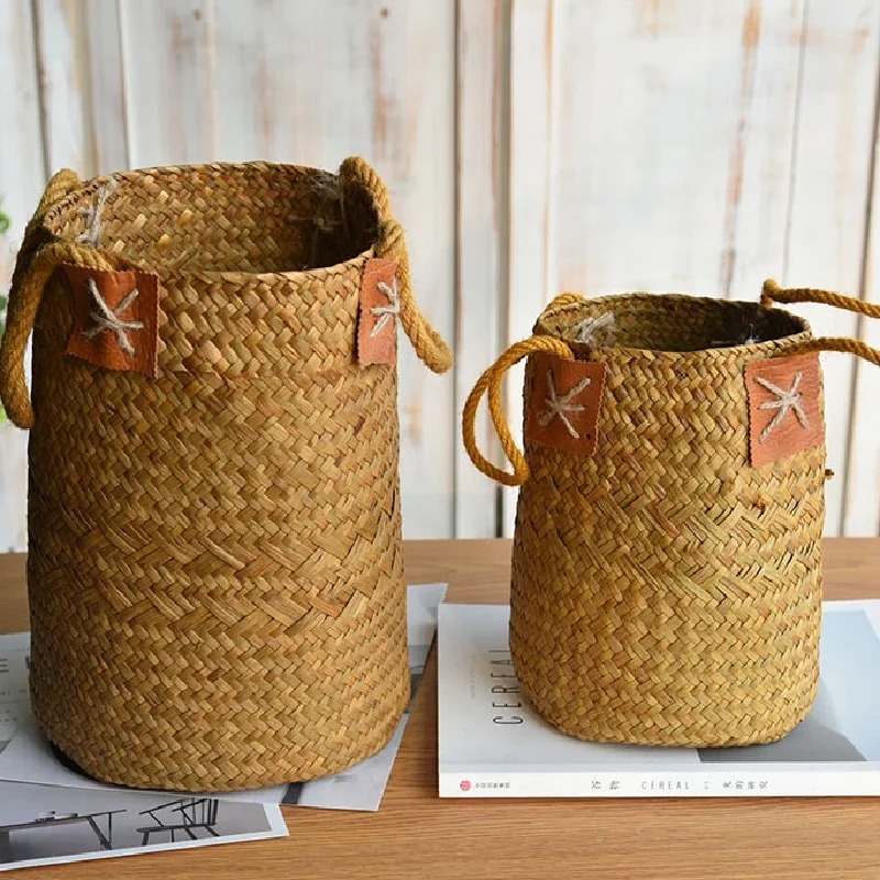 Panier de rangement Zerolife en jonc de mer, panier à linge en osier tressé naturel pur, pot de fleurs pour la maison et le jardin, décorations en osier