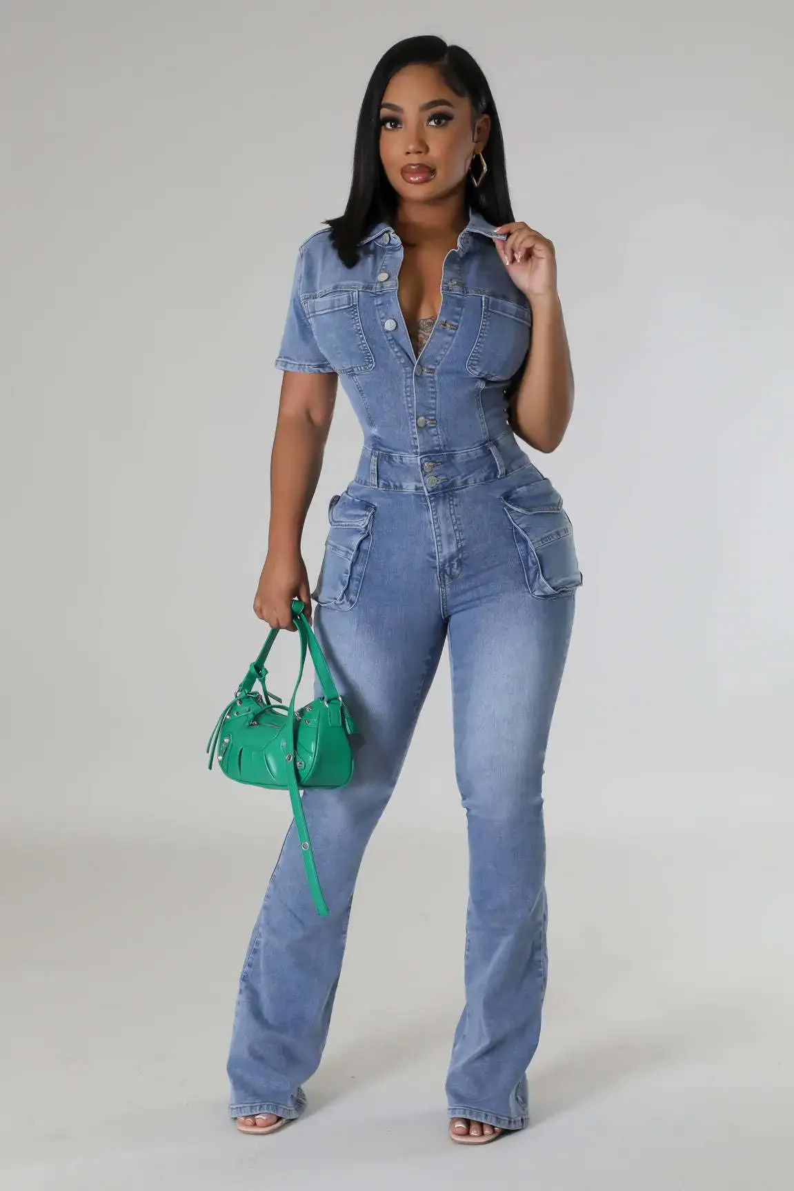 Streetwear Jeans Jumpsuits Summer Women Turndown Collar Bodysuit Flare Pants Pockets Denim Rompers Sexy One Pieces Overalls