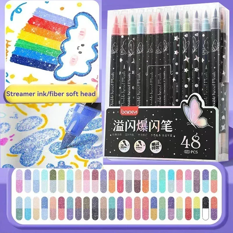12-96 Colors Dual Brush Tip Glitter Art Markers Metallic Paint Marker Set Pens DIY Crafts Birthday Cards, Making Poster, Album