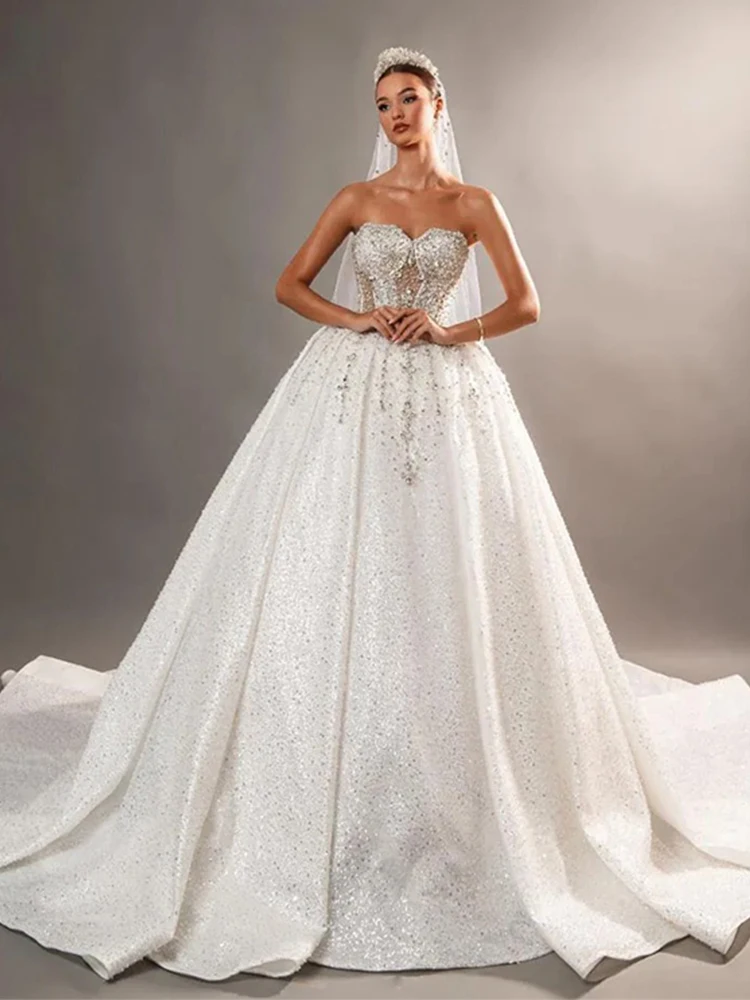 Glitter trouwjurk organza met kraal baljurk strapless mouwloos op maat gemaakte bruidjurk met veters vestido de novia pailletten