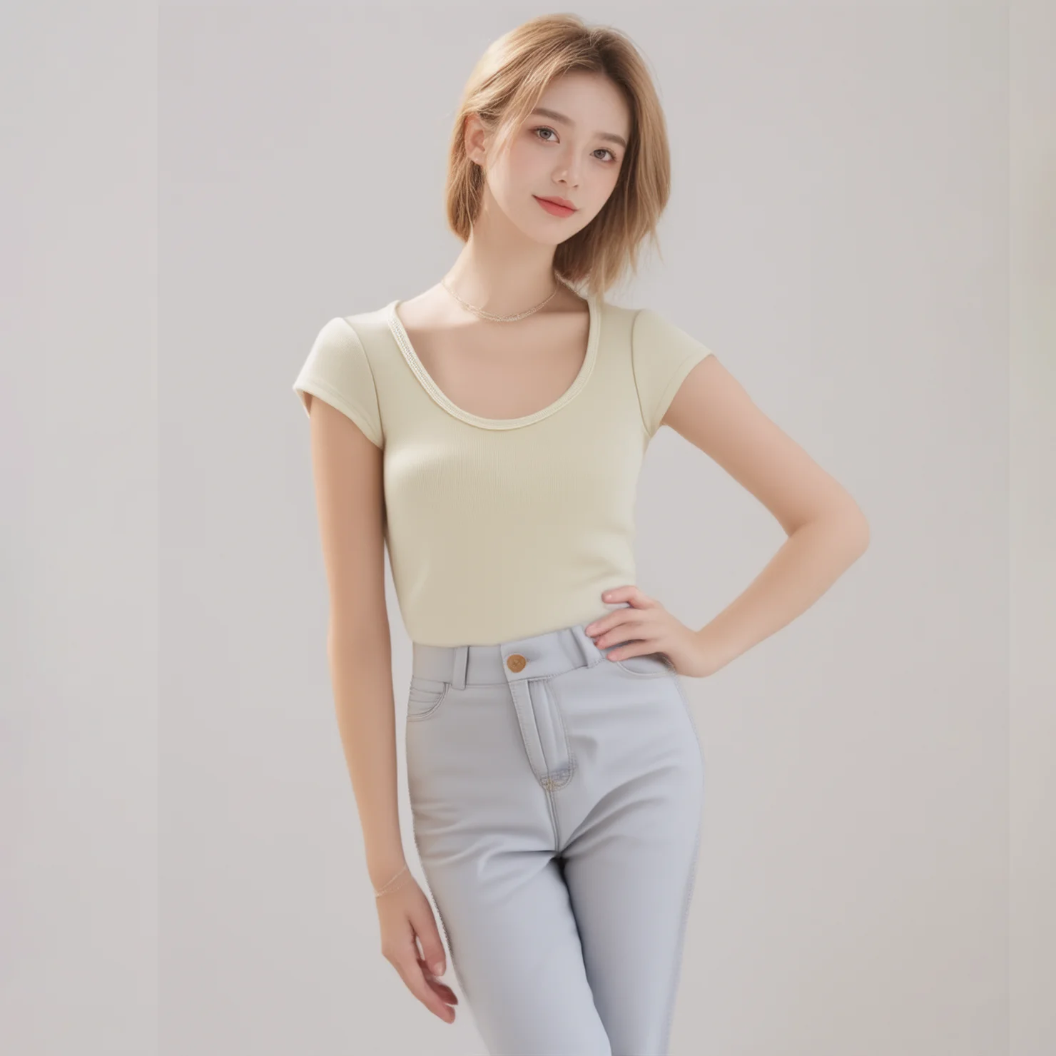 

Summer round neck basic T-shirt for women,slimming and body-hugging,high-end feeling,regular shoulder,short sleeve,hot girl